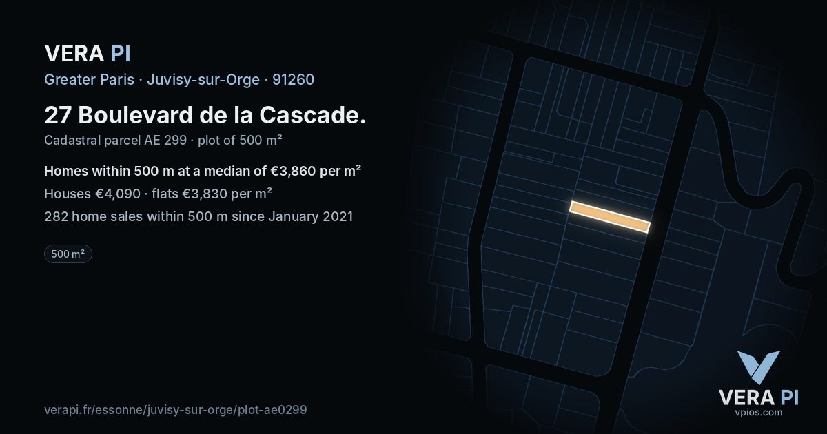 27 Boulevard de la Cascade, Juvisy-sur-Orge at night – the plot lit, the parcels around coloured by the prices near them