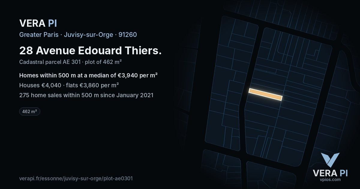 28 Avenue Edouard Thiers, Juvisy-sur-Orge at night – the plot lit, the parcels around coloured by the prices near them