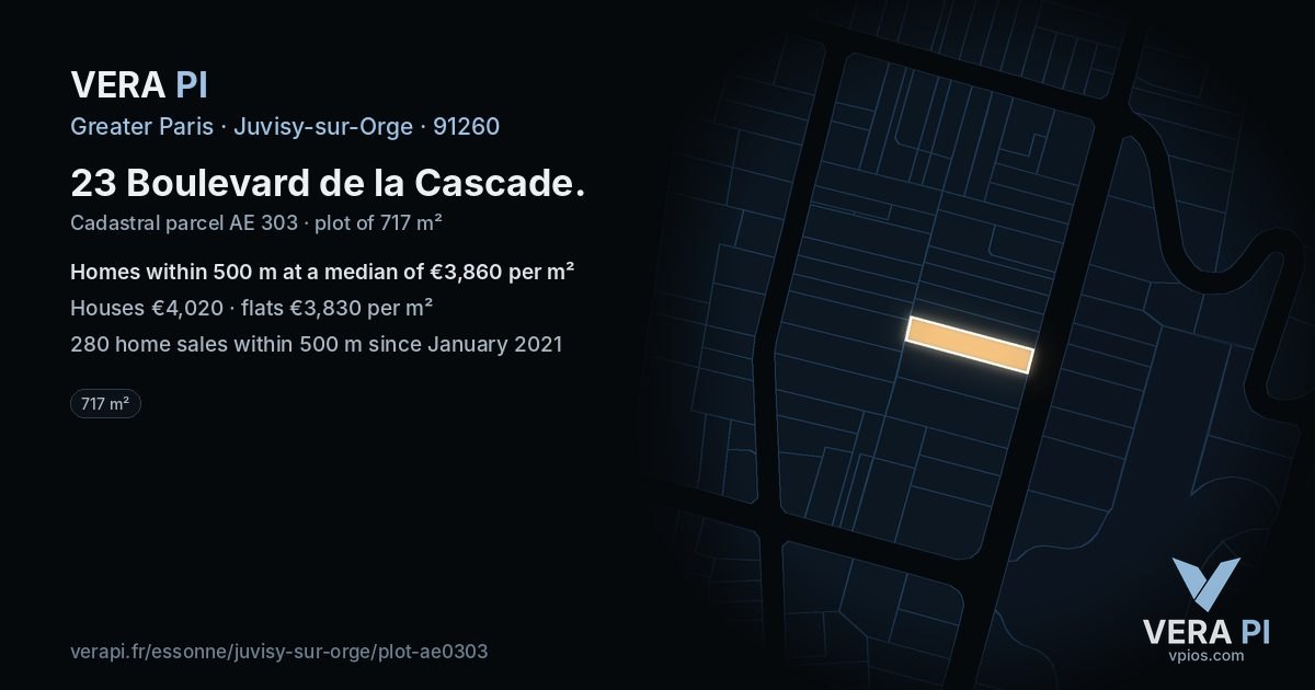 23 Boulevard de la Cascade, Juvisy-sur-Orge at night – the plot lit, the parcels around coloured by the prices near them