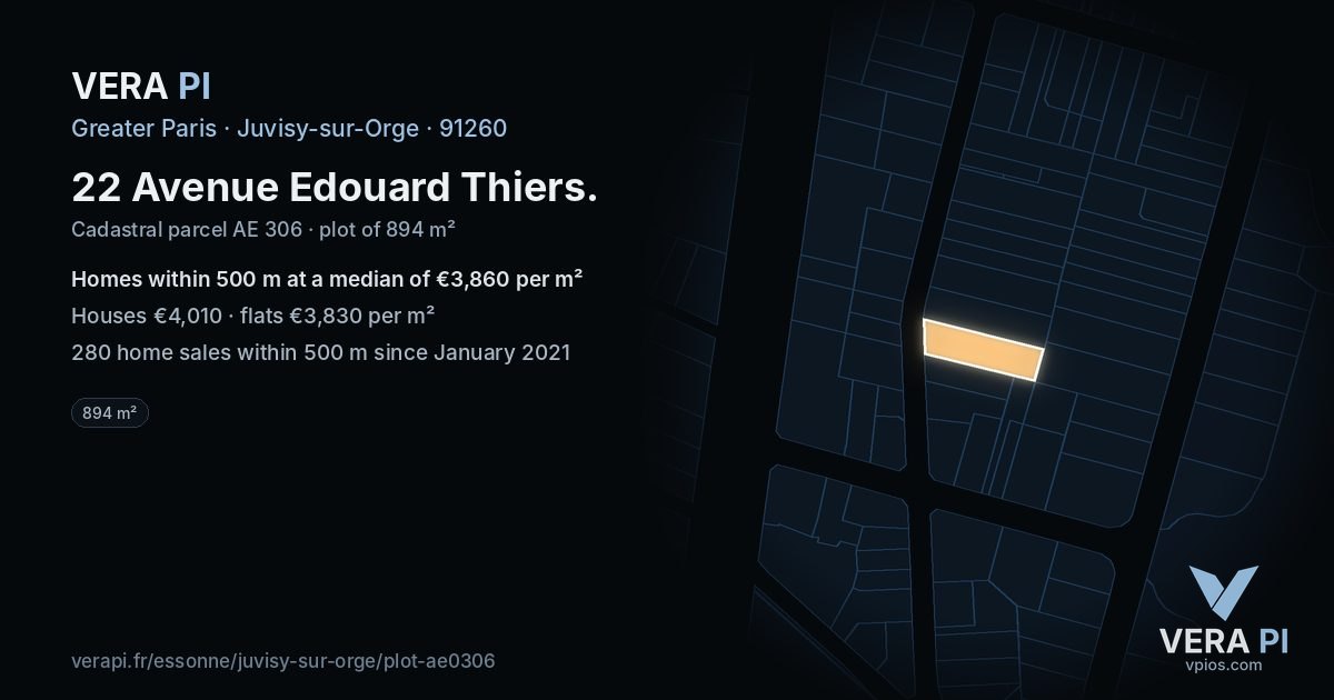 22 Avenue Edouard Thiers, Juvisy-sur-Orge at night – the plot lit, the parcels around coloured by the prices near them