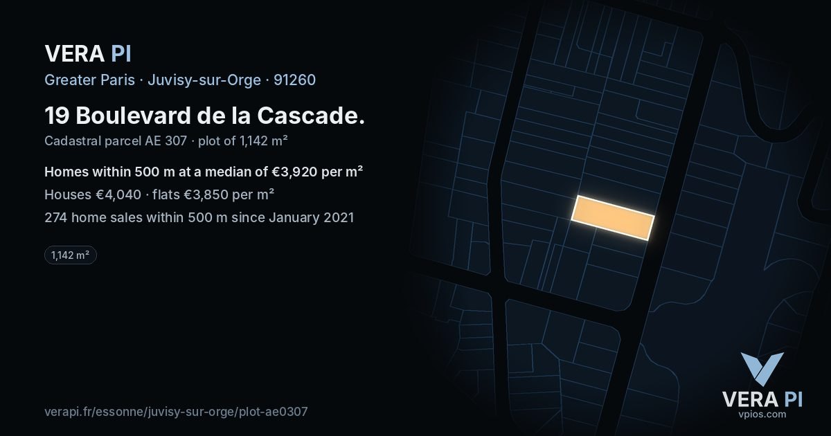 19 Boulevard de la Cascade, Juvisy-sur-Orge at night – the plot lit, the parcels around coloured by the prices near them
