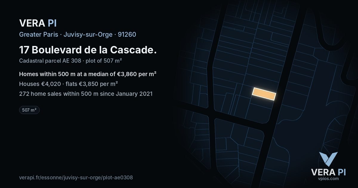 17 Boulevard de la Cascade, Juvisy-sur-Orge at night – the plot lit, the parcels around coloured by the prices near them