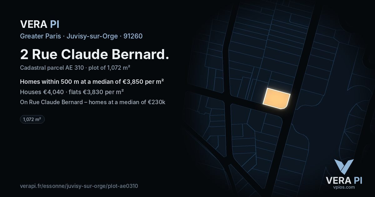 2 Rue Claude Bernard, Juvisy-sur-Orge at night – the plot lit, the parcels around coloured by the prices near them