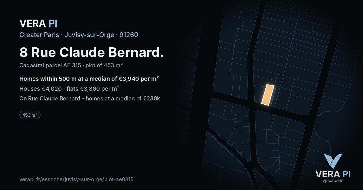 8 Rue Claude Bernard, Juvisy-sur-Orge at night – the plot lit, the parcels around coloured by the prices near them