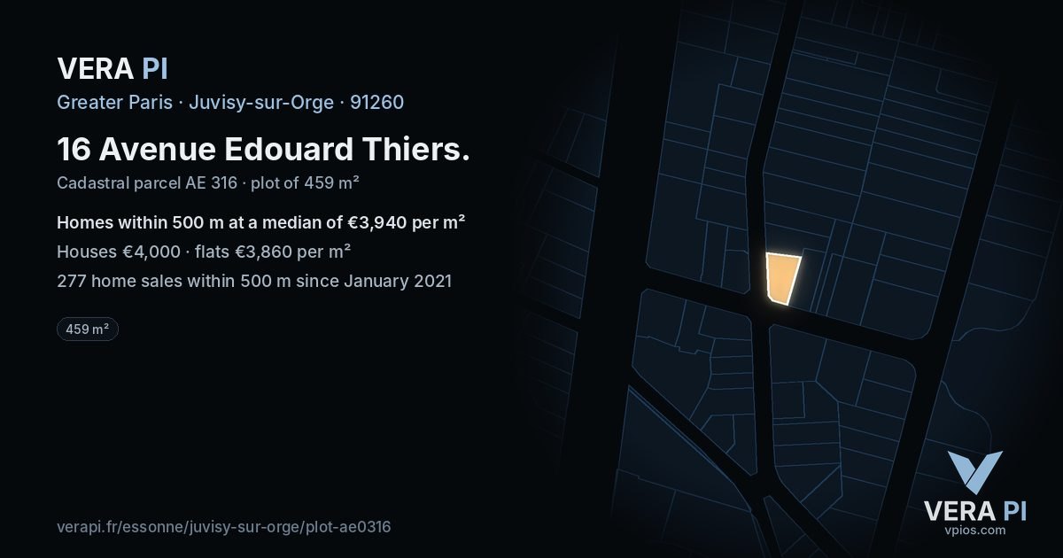 16 Avenue Edouard Thiers, Juvisy-sur-Orge at night – the plot lit, the parcels around coloured by the prices near them