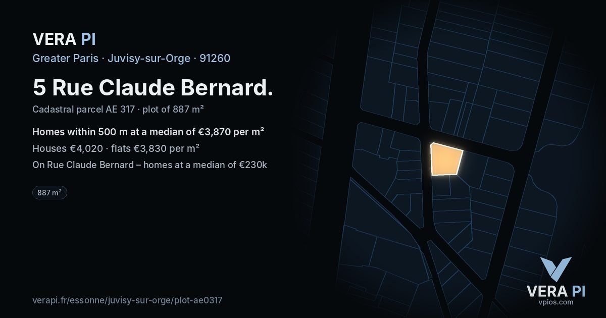 5 Rue Claude Bernard, Juvisy-sur-Orge at night – the plot lit, the parcels around coloured by the prices near them