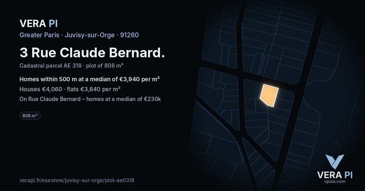 3 Rue Claude Bernard, Juvisy-sur-Orge at night – the plot lit, the parcels around coloured by the prices near them