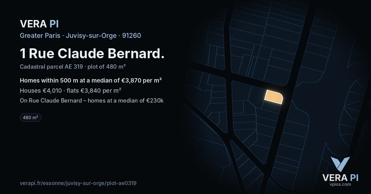 1 Rue Claude Bernard, Juvisy-sur-Orge at night – the plot lit, the parcels around coloured by the prices near them