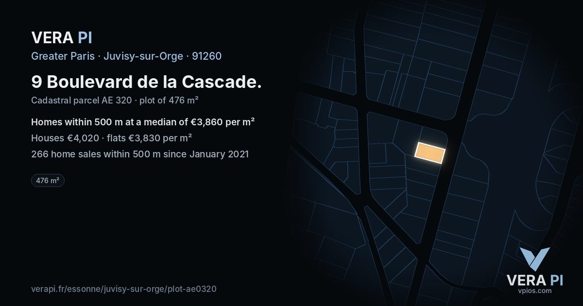 9 Boulevard de la Cascade, Juvisy-sur-Orge at night – the plot lit, the parcels around coloured by the prices near them