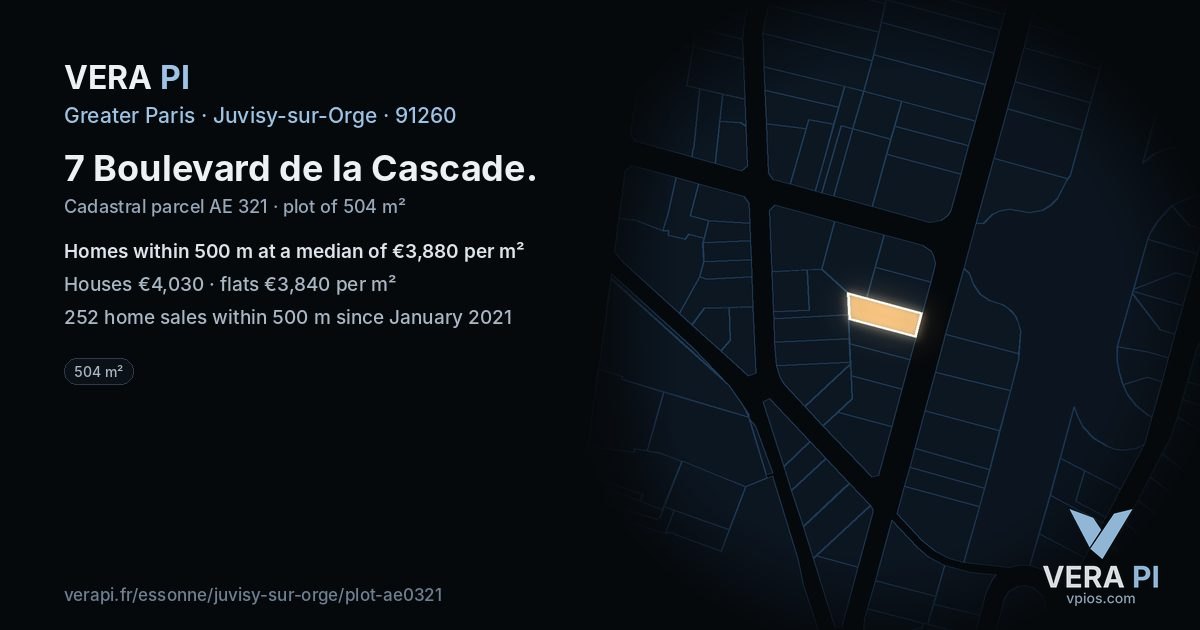 7 Boulevard de la Cascade, Juvisy-sur-Orge at night – the plot lit, the parcels around coloured by the prices near them