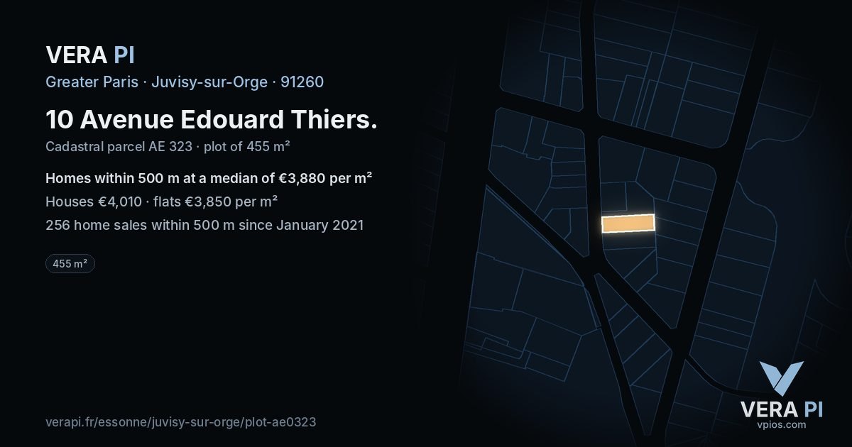 10 Avenue Edouard Thiers, Juvisy-sur-Orge at night – the plot lit, the parcels around coloured by the prices near them