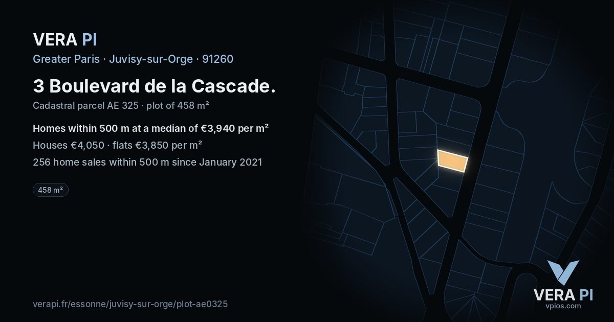 3 Boulevard de la Cascade, Juvisy-sur-Orge at night – the plot lit, the parcels around coloured by the prices near them