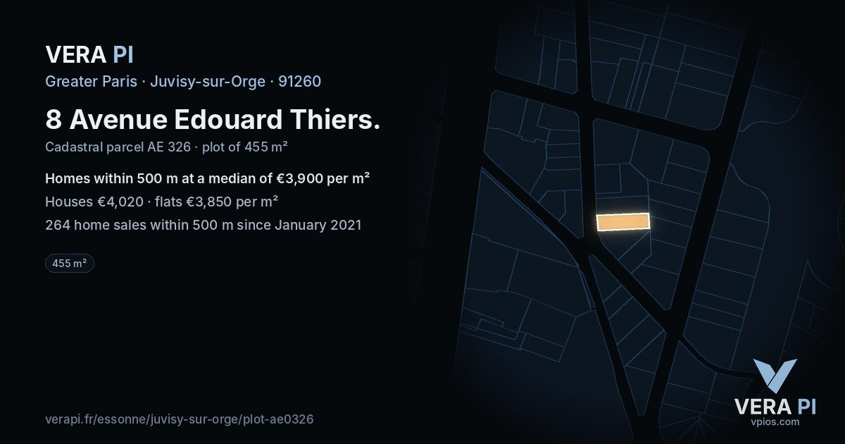 8 Avenue Edouard Thiers, Juvisy-sur-Orge at night – the plot lit, the parcels around coloured by the prices near them