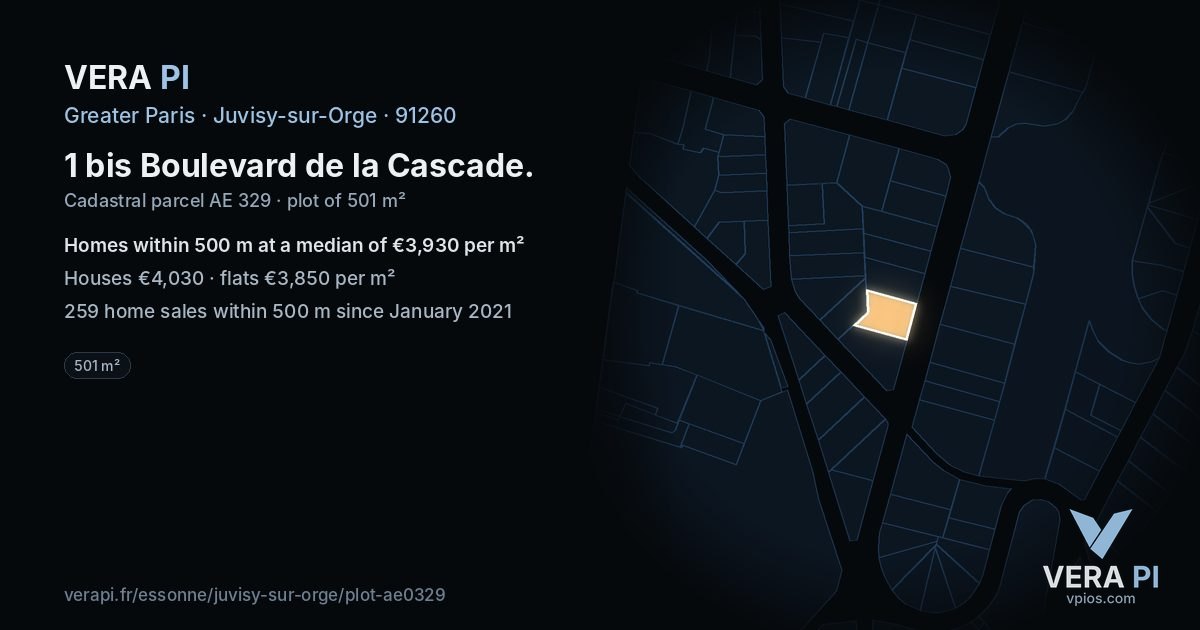 1 bis Boulevard de la Cascade, Juvisy-sur-Orge at night – the plot lit, the parcels around coloured by the prices near them