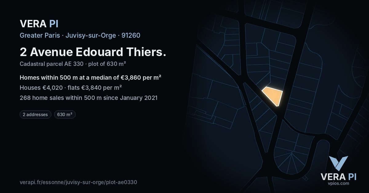 2 Avenue Edouard Thiers, Juvisy-sur-Orge at night – the plot lit, the parcels around coloured by the prices near them