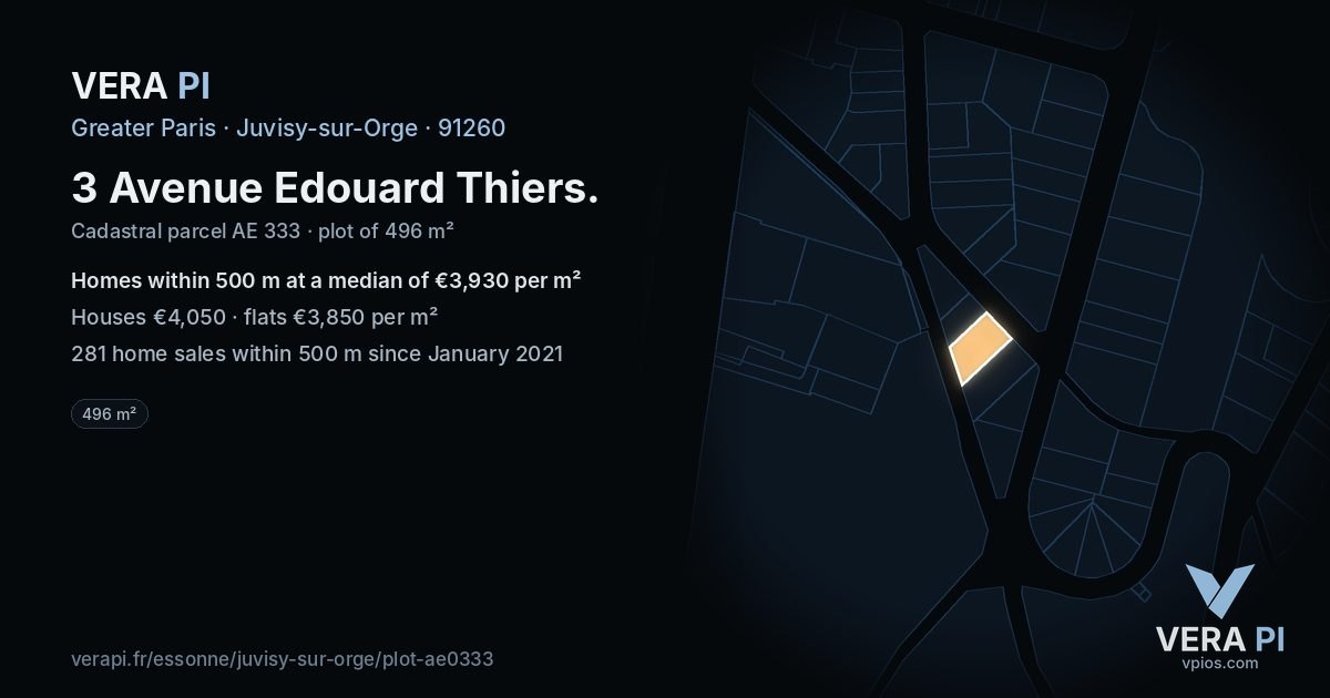 3 Avenue Edouard Thiers, Juvisy-sur-Orge at night – the plot lit, the parcels around coloured by the prices near them