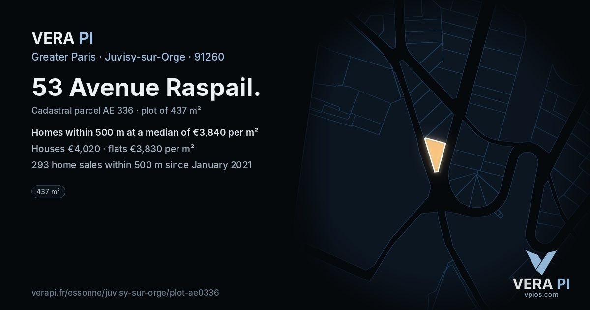 53 Avenue Raspail, Juvisy-sur-Orge at night – the plot lit, the parcels around coloured by the prices near them
