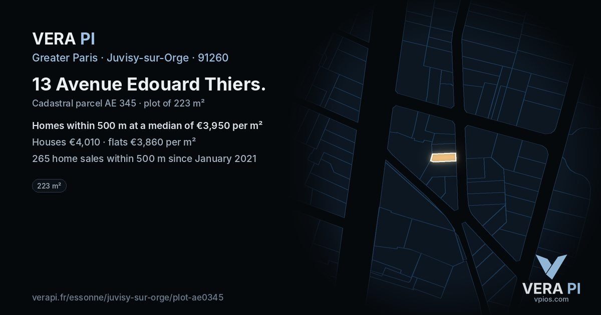 13 Avenue Edouard Thiers, Juvisy-sur-Orge at night – the plot lit, the parcels around coloured by the prices near them
