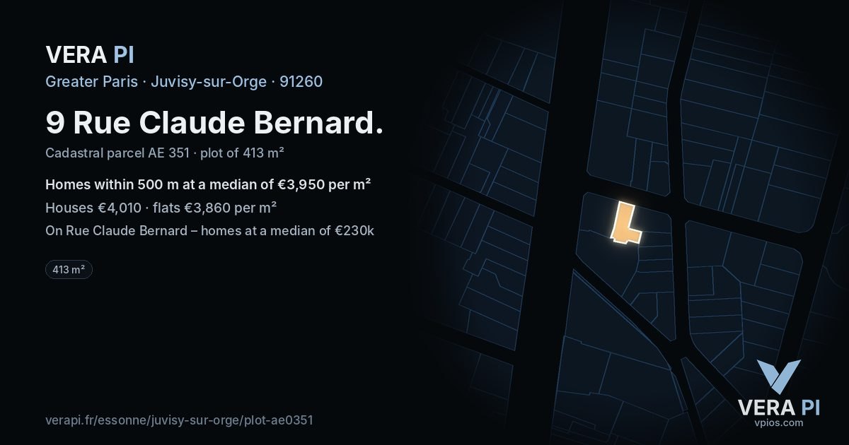 9 Rue Claude Bernard, Juvisy-sur-Orge at night – the plot lit, the parcels around coloured by the prices near them