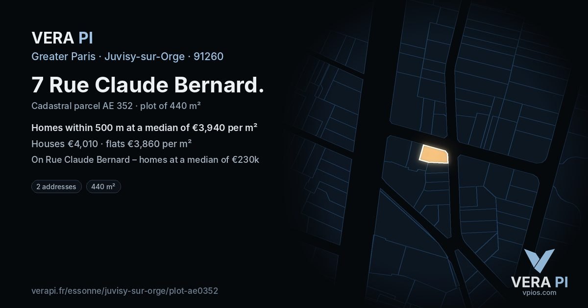 7 Rue Claude Bernard, Juvisy-sur-Orge at night – the plot lit, the parcels around coloured by the prices near them