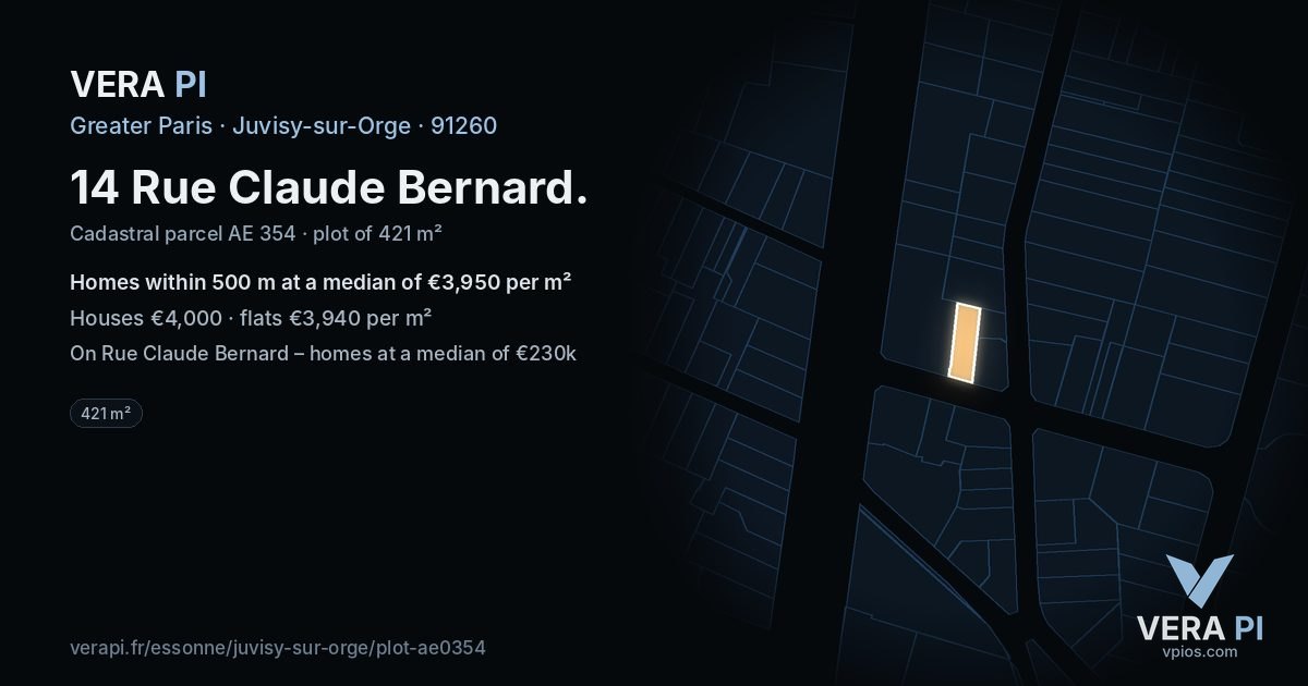 14 Rue Claude Bernard, Juvisy-sur-Orge at night – the plot lit, the parcels around coloured by the prices near them