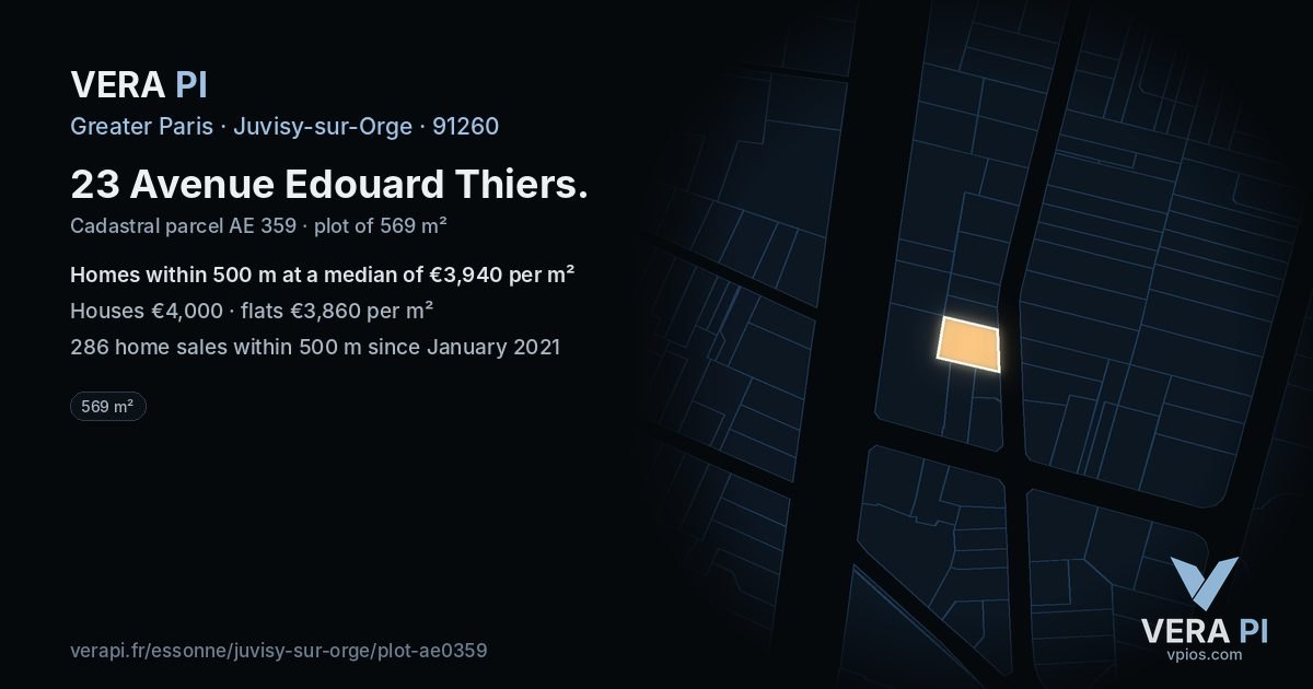 23 Avenue Edouard Thiers, Juvisy-sur-Orge at night – the plot lit, the parcels around coloured by the prices near them