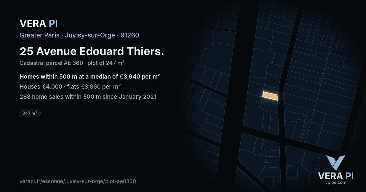 25 Avenue Edouard Thiers, Juvisy-sur-Orge at night – the plot lit, the parcels around coloured by the prices near them
