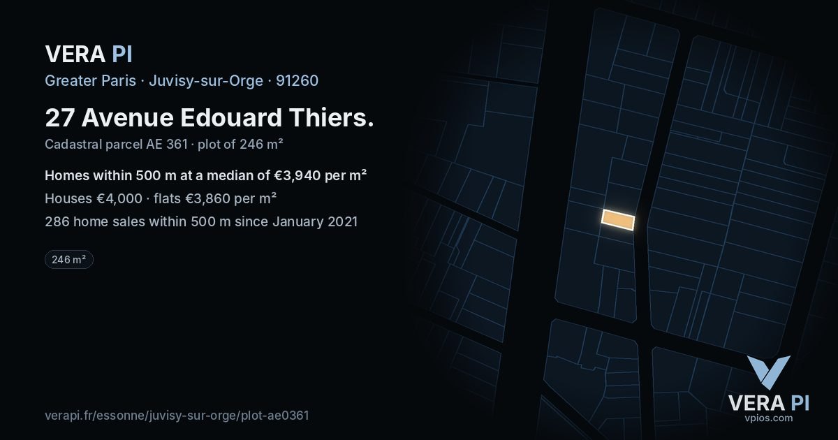 27 Avenue Edouard Thiers, Juvisy-sur-Orge at night – the plot lit, the parcels around coloured by the prices near them