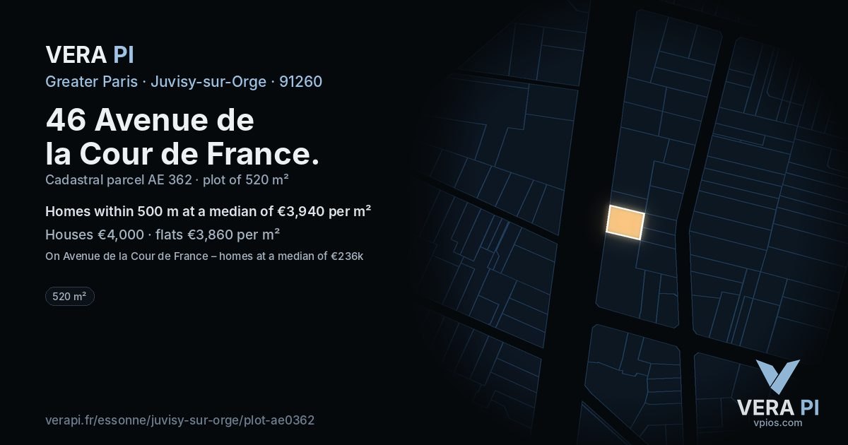 46 Avenue de la Cour de France, Juvisy-sur-Orge at night – the plot lit, the parcels around coloured by the prices near them