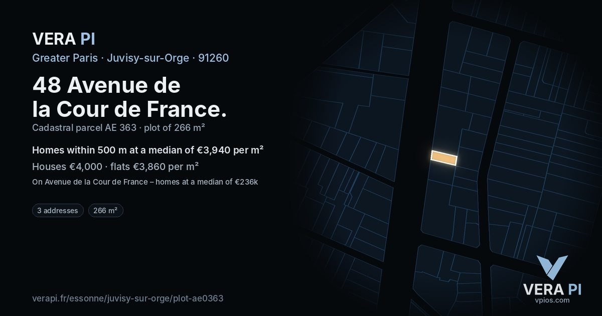 48 Avenue de la Cour de France, Juvisy-sur-Orge at night – the plot lit, the parcels around coloured by the prices near them