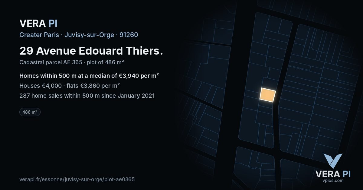 29 Avenue Edouard Thiers, Juvisy-sur-Orge at night – the plot lit, the parcels around coloured by the prices near them