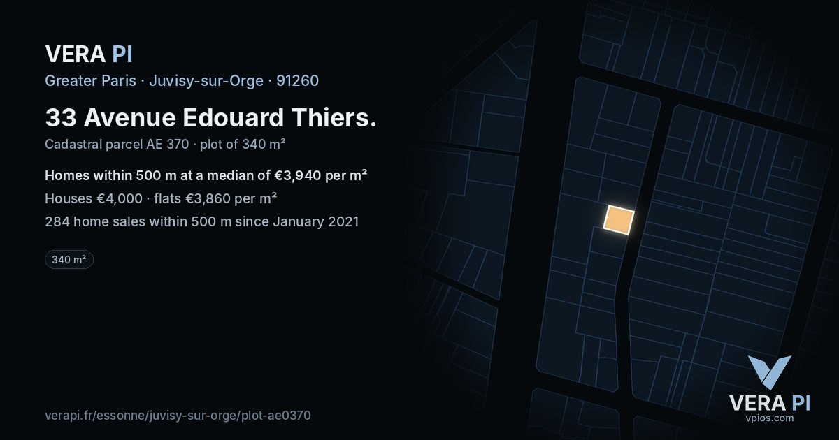 33 Avenue Edouard Thiers, Juvisy-sur-Orge at night – the plot lit, the parcels around coloured by the prices near them