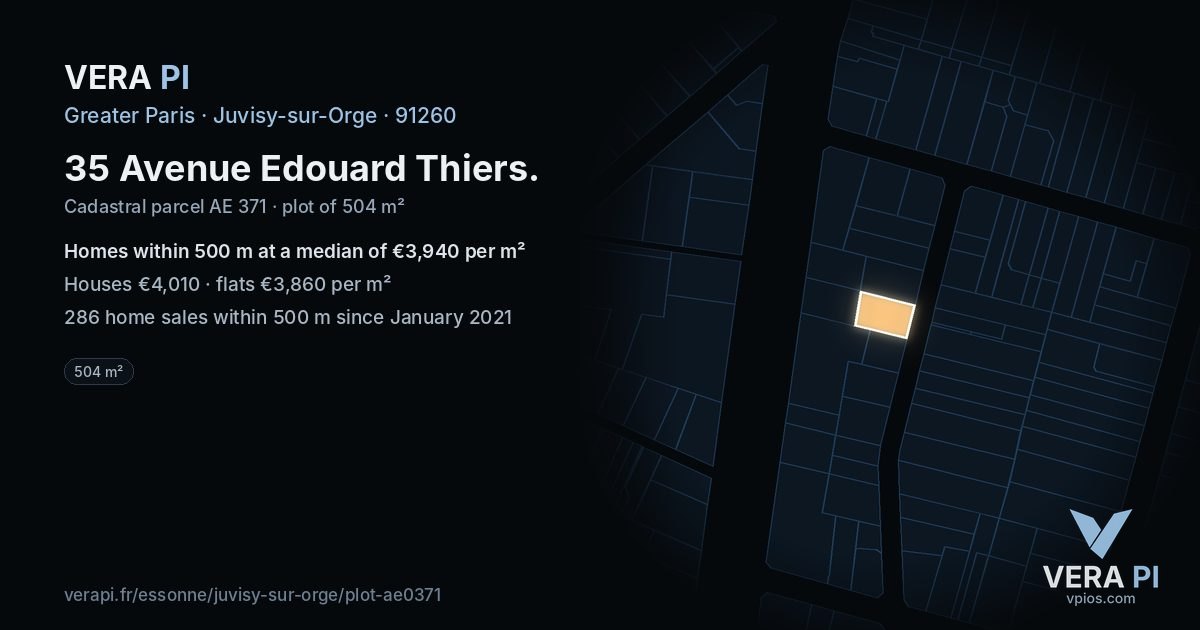 35 Avenue Edouard Thiers, Juvisy-sur-Orge at night – the plot lit, the parcels around coloured by the prices near them