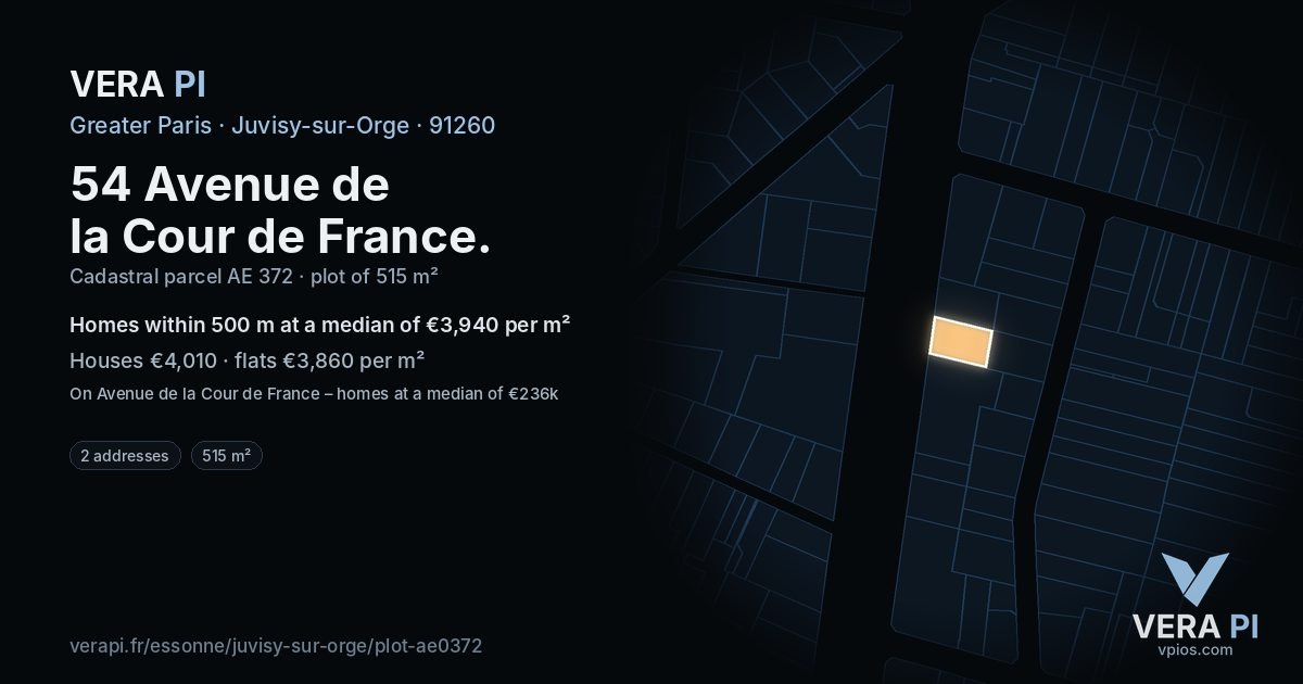 54 Avenue de la Cour de France, Juvisy-sur-Orge at night – the plot lit, the parcels around coloured by the prices near them