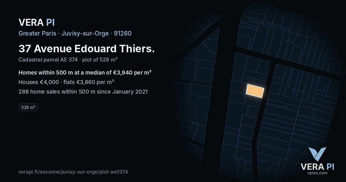 37 Avenue Edouard Thiers, Juvisy-sur-Orge at night – the plot lit, the parcels around coloured by the prices near them