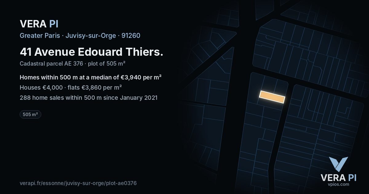 41 Avenue Edouard Thiers, Juvisy-sur-Orge at night – the plot lit, the parcels around coloured by the prices near them