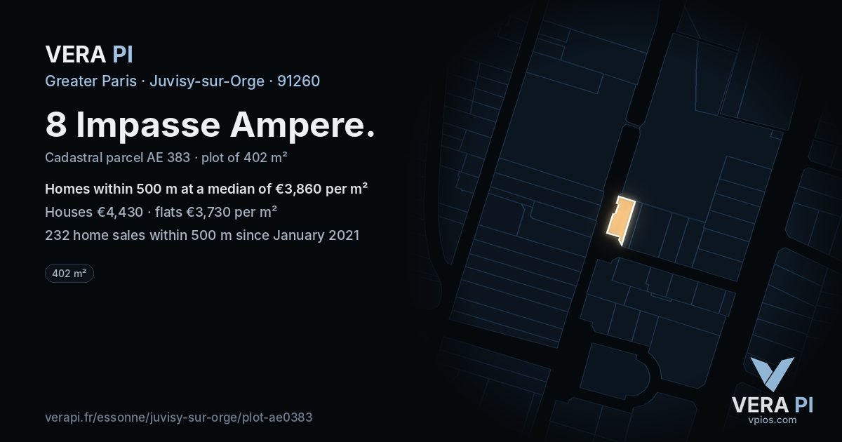 8 Impasse Ampere, Juvisy-sur-Orge at night – the plot lit, the parcels around coloured by the prices near them