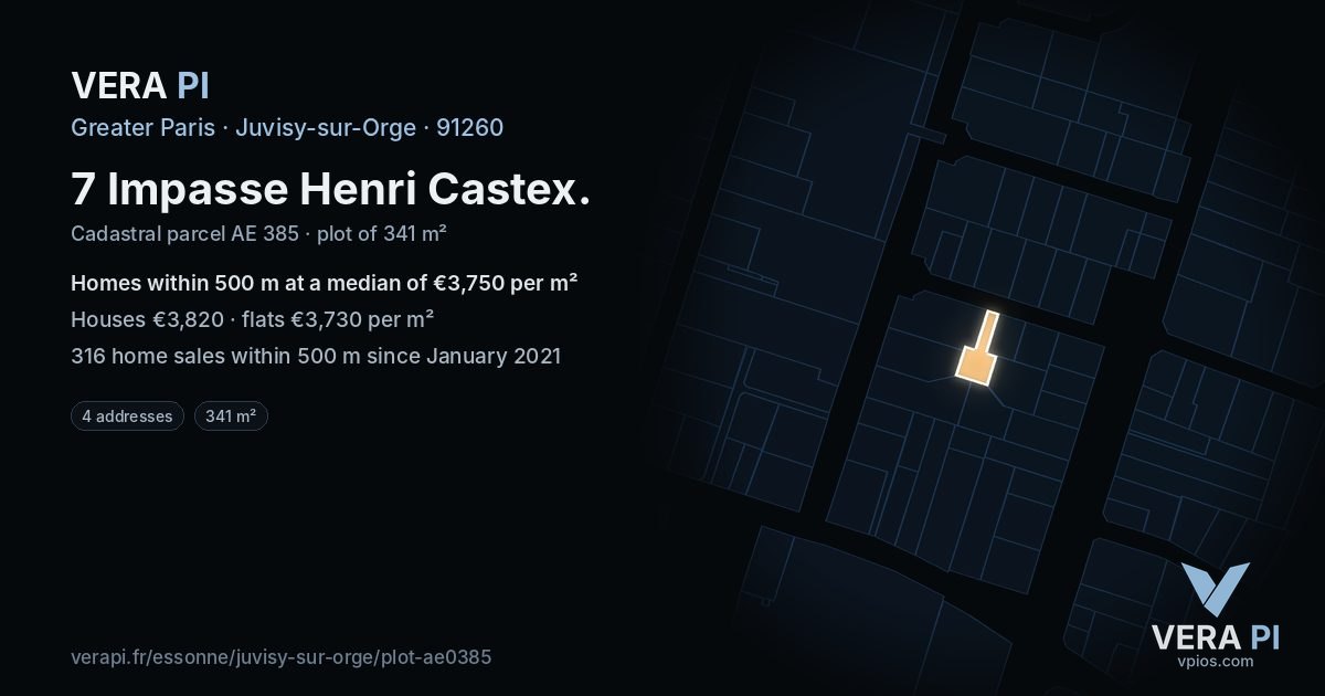 7 Impasse Henri Castex, Juvisy-sur-Orge at night – the plot lit, the parcels around coloured by the prices near them