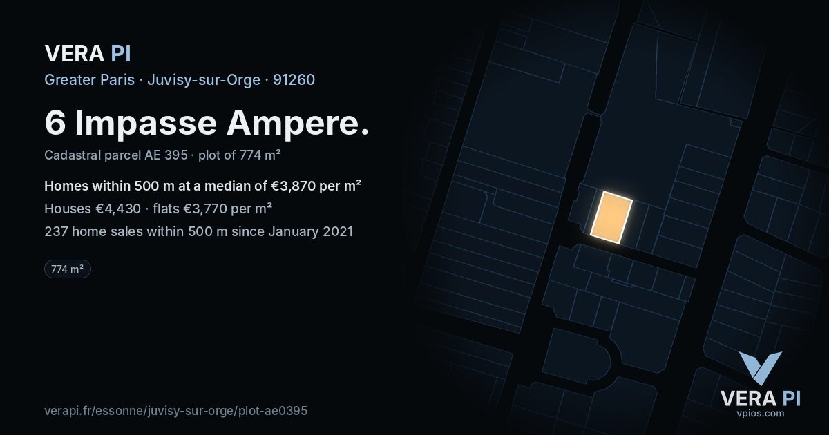 6 Impasse Ampere, Juvisy-sur-Orge at night – the plot lit, the parcels around coloured by the prices near them