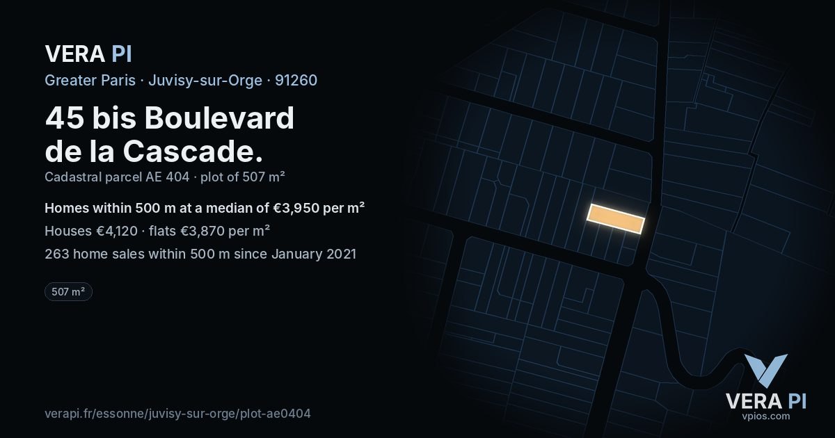 45 bis Boulevard de la Cascade, Juvisy-sur-Orge at night – the plot lit, the parcels around coloured by the prices near them