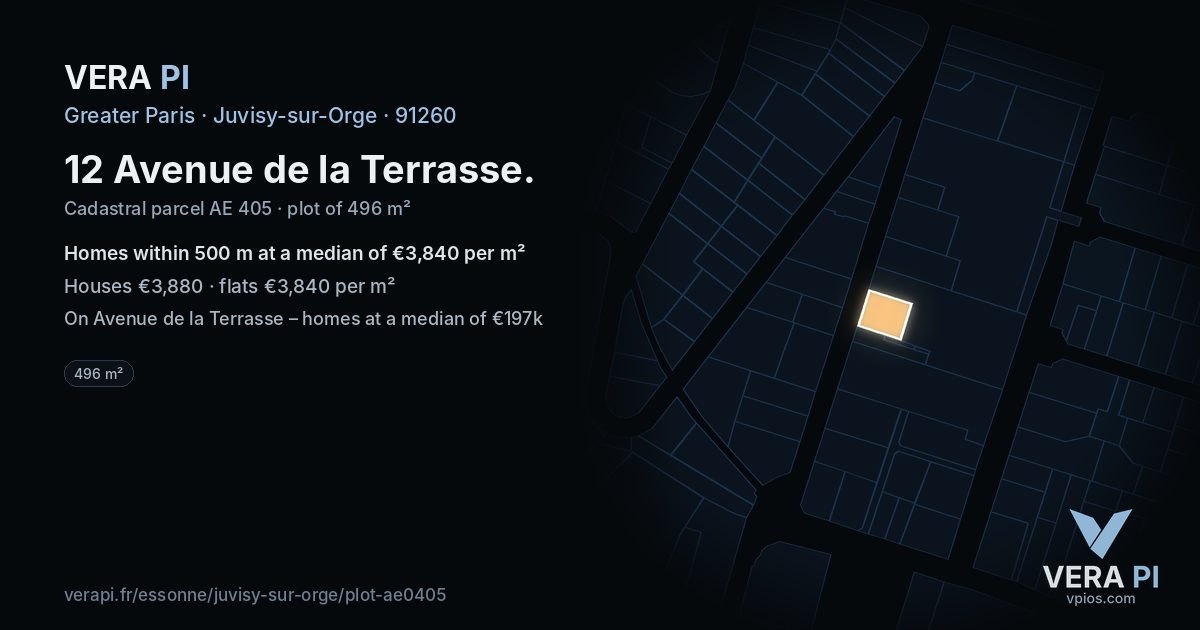 12 Avenue de la Terrasse, Juvisy-sur-Orge at night – the plot lit, the parcels around coloured by the prices near them
