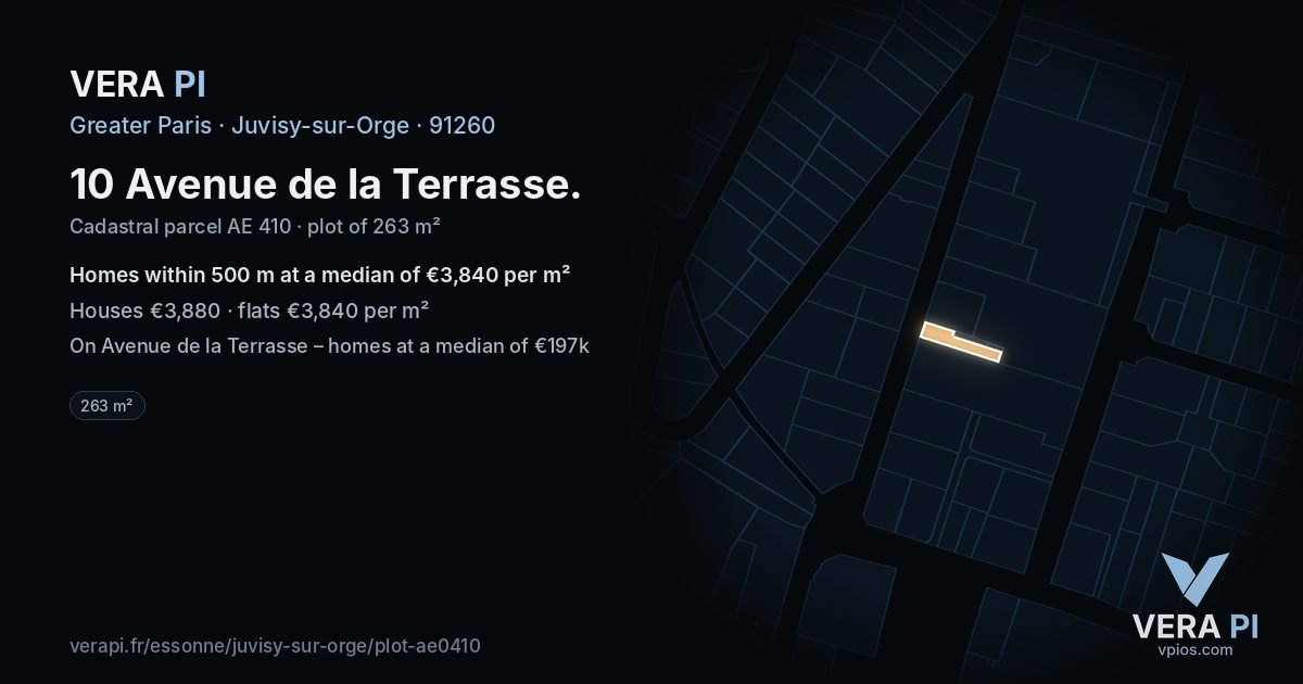 10 Avenue de la Terrasse, Juvisy-sur-Orge at night – the plot lit, the parcels around coloured by the prices near them