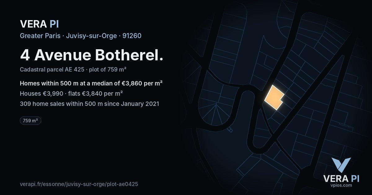 4 Avenue Botherel, Juvisy-sur-Orge at night – the plot lit, the parcels around coloured by the prices near them
