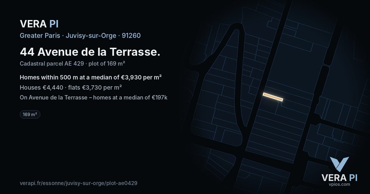 44 Avenue de la Terrasse, Juvisy-sur-Orge at night – the plot lit, the parcels around coloured by the prices near them