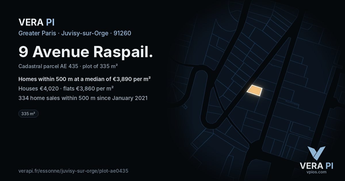 9 Avenue Raspail, Juvisy-sur-Orge at night – the plot lit, the parcels around coloured by the prices near them