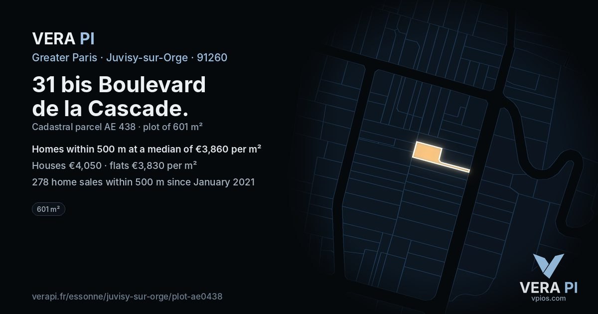 31 bis Boulevard de la Cascade, Juvisy-sur-Orge at night – the plot lit, the parcels around coloured by the prices near them