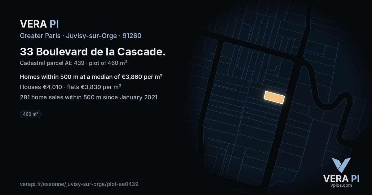 33 Boulevard de la Cascade, Juvisy-sur-Orge at night – the plot lit, the parcels around coloured by the prices near them