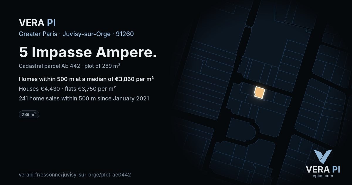 5 Impasse Ampere, Juvisy-sur-Orge at night – the plot lit, the parcels around coloured by the prices near them