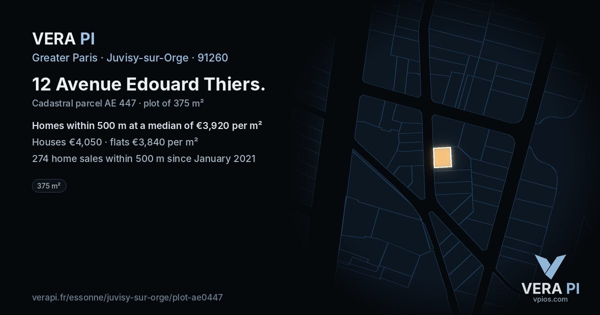12 Avenue Edouard Thiers, Juvisy-sur-Orge at night – the plot lit, the parcels around coloured by the prices near them