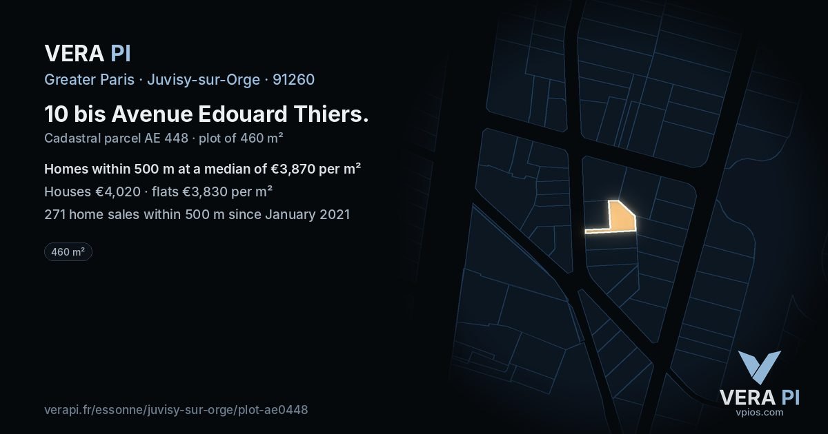 10 bis Avenue Edouard Thiers, Juvisy-sur-Orge at night – the plot lit, the parcels around coloured by the prices near them
